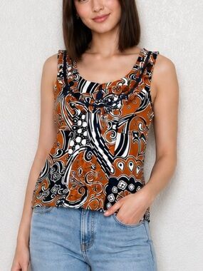 Tory Burch Floral Blue Brown Ruffled Sleeveless Tank Top Boho Casual Blouse sz 2